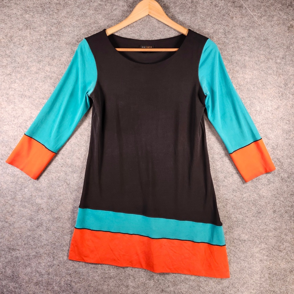 Eva Varro Womens S Colorblock Asymmetrical Tunic Top Black Teal Orange Stretch